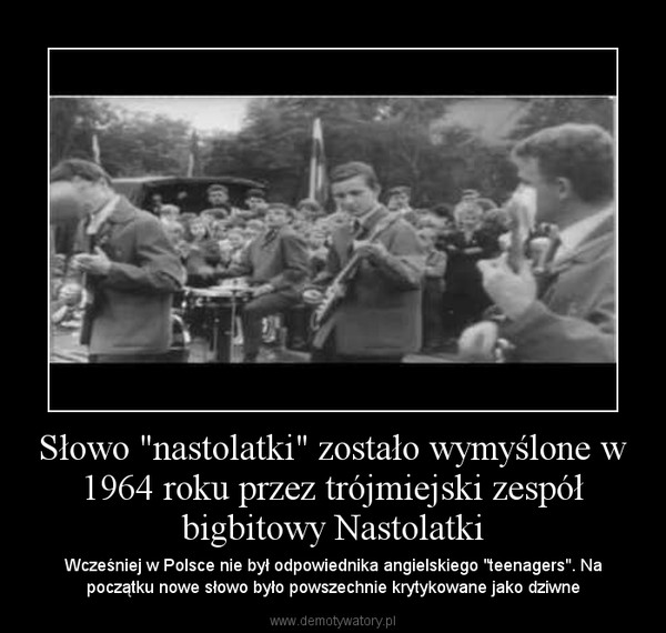 Słowo "nastolatki" zostało wymyślone w 1964 roku przez trójmiejski zespół bigbitowy Nastolatki – Wcześniej w Polsce nie był odpowiednika angielskiego "teenagers". Na początku nowe słowo było powszechnie krytykowane jako dziwne 