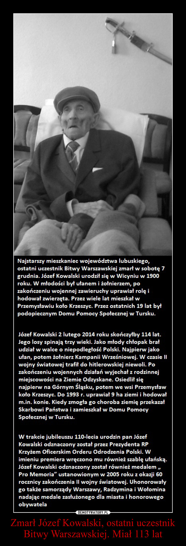 Zmarł Józef Kowalski, ostatni uczestnik Bitwy Warszawskiej. Miał 113 lat