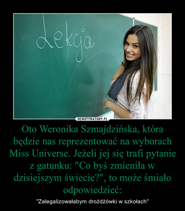 Oto Weronika Szmajdzińska, która będzie nas reprezentować na wyborach Miss Universe. Jeżeli jej się trafi pytanie z gatunku: "Co byś zmieniła w dzisiejszym świecie?", to może śmiało odpowiedzieć: