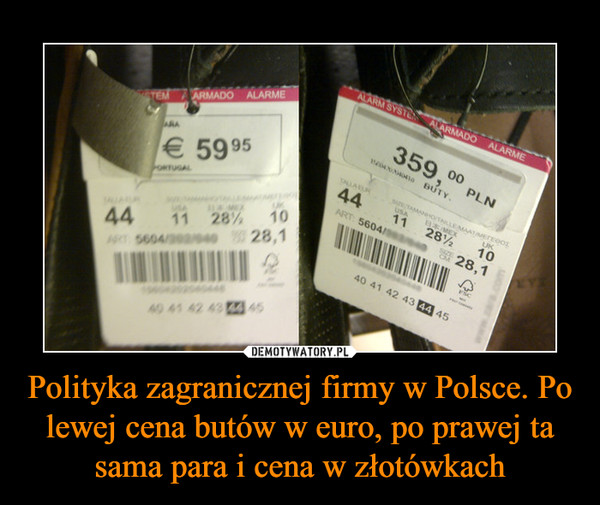 Polityka zagranicznej firmy w Polsce. Po lewej cena butów w euro, po prawej ta sama para i cena w złotówkach