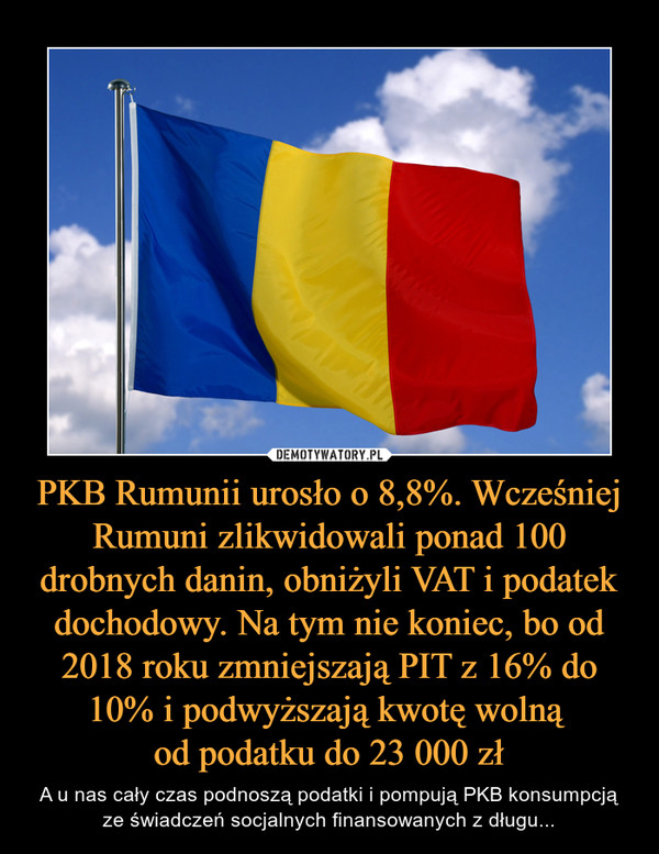 PKB Rumunii urosło o 8,8%. Wcześniej Rumuni zlikwidowali ponad 100 drobnych danin, obniżyli VAT i podatek dochodowy. Na tym nie koniec, bo od 2018 roku zmniejszają PIT z 16% do 10% i podwyższają kwotę wolną 
od podatku do 23 000 zł