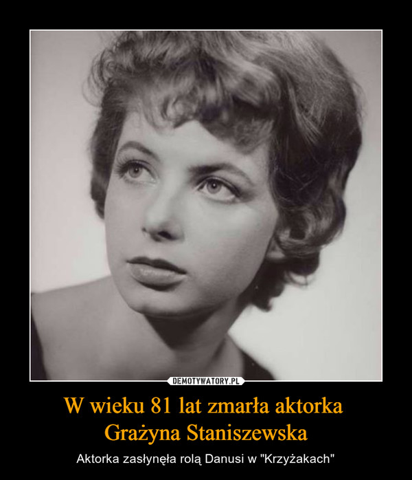 W wieku 81 lat zmarła aktorka Grażyna Staniszewska – Aktorka zasłynęła rolą Danusi w "Krzyżakach" 