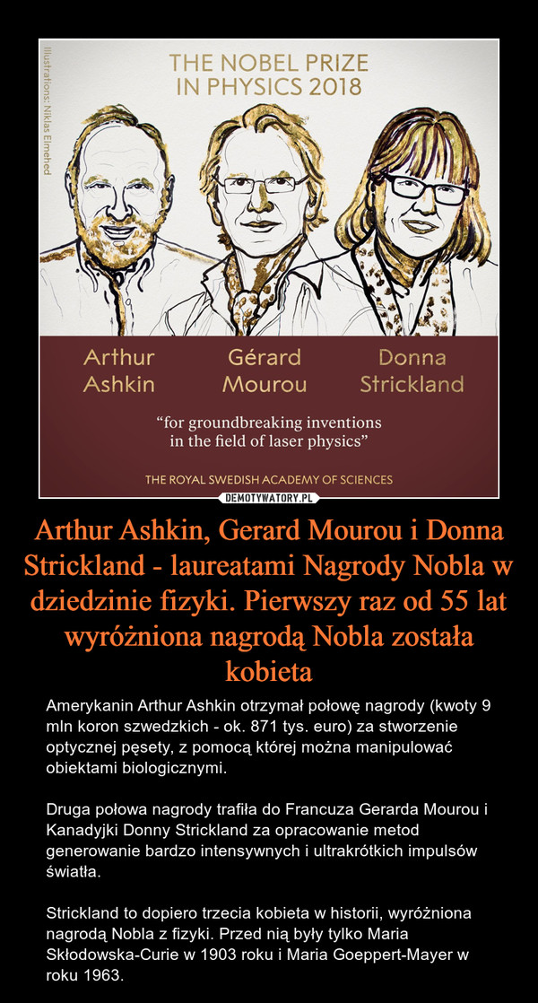Arthur Ashkin, Gerard Mourou i Donna Strickland - laureatami Nagrody Nobla w dziedzinie fizyki. Pierwszy raz od 55 lat wyróżniona nagrodą Nobla została kobieta