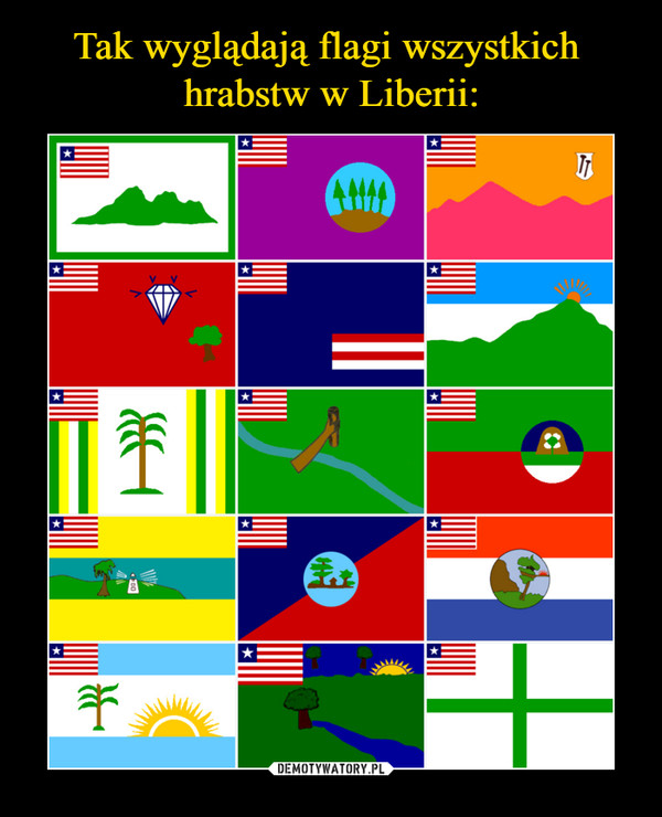 Tak wyglądają flagi wszystkich 
hrabstw w Liberii:
