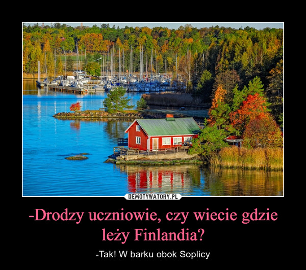 -Drodzy uczniowie, czy wiecie gdzie leży Finlandia? – -Tak! W barku obok Soplicy 