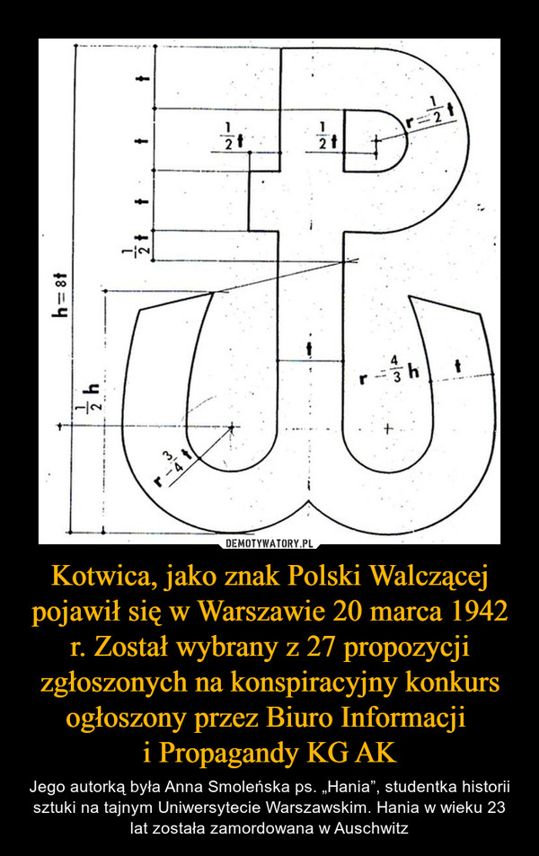 Kotwica, jako znak Polski Walczącej pojawił się w Warszawie 20 marca 1942 r. Został wybrany z 27 propozycji zgłoszonych na konspiracyjny konkurs ogłoszony przez Biuro Informacji 
i Propagandy KG AK