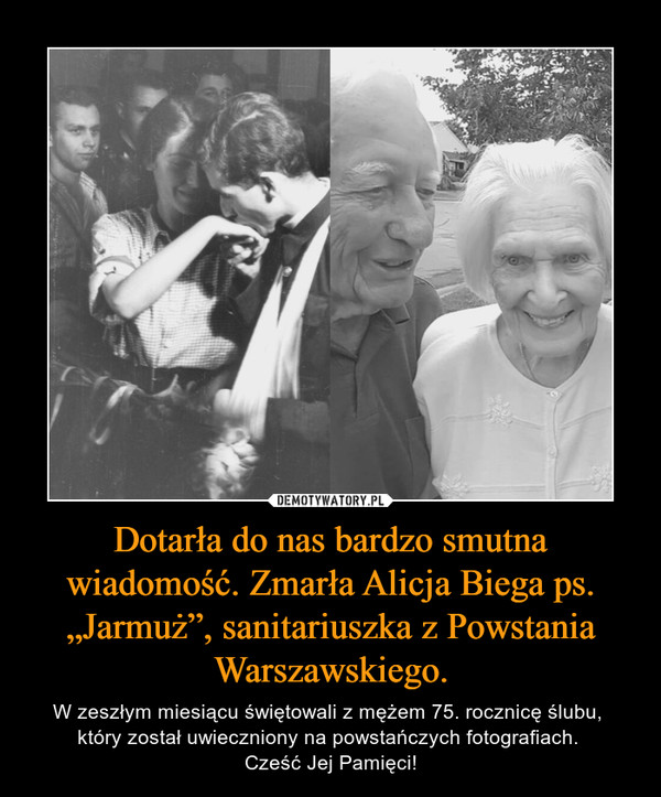 Dotarła do nas bardzo smutna wiadomość. Zmarła Alicja Biega ps. „Jarmuż”, sanitariuszka z Powstania Warszawskiego.