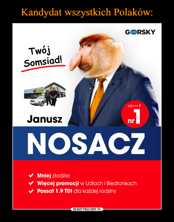  –  Twój somsiad Janusz Nosacz Lista nr 7 nr 1 Mniej złodziei Więcej promocji w Lidlach i Biedronkach Passat 1.9 TDI dla każdej rodziny