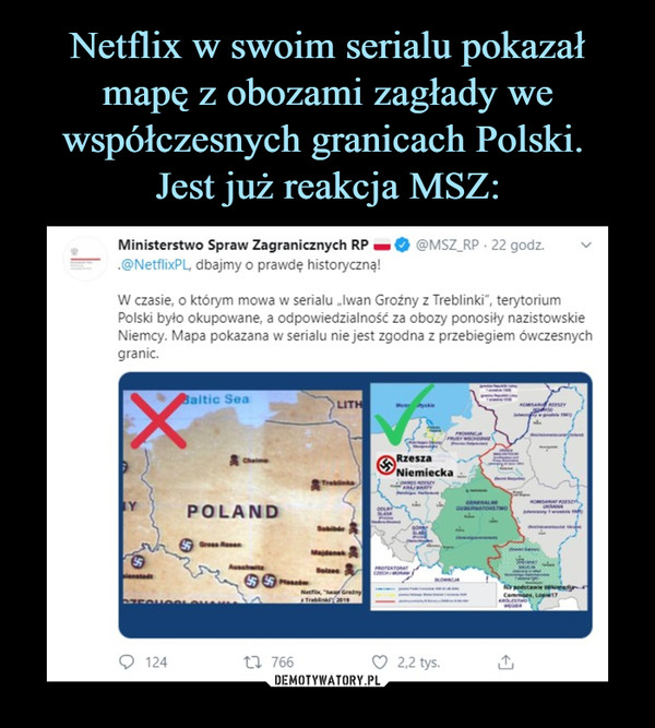 Netflix w swoim serialu pokazał mapę z obozami zagłady we współczesnych granicach Polski. 
Jest już reakcja MSZ: