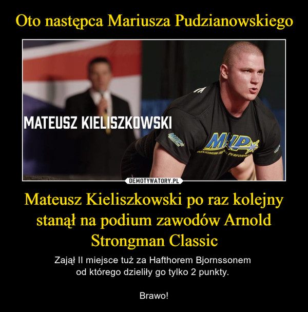 Mateusz Kieliszkowski po raz kolejny stanął na podium zawodów Arnold Strongman Classic – Zajął II miejsce tuż za Hafthorem Bjornssonem od którego dzieliły go tylko 2 punkty. Brawo! 