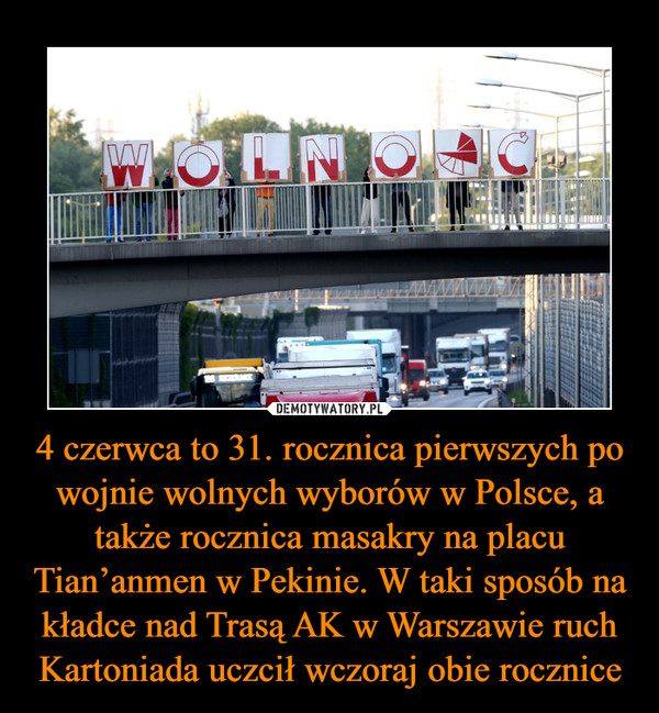 4 czerwca to 31. rocznica pierwszych po wojnie wolnych wyborów w Polsce, a także rocznica masakry na placu Tian’anmen w Pekinie. W taki sposób na kładce nad Trasą AK w Warszawie ruch Kartoniada uczcił wczoraj obie rocznice –  
