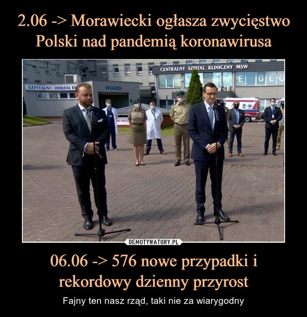 2.06 -> Morawiecki ogłasza zwycięstwo Polski nad pandemią koronawirusa 06.06 -> 576 nowe przypadki i rekordowy dzienny przyrost