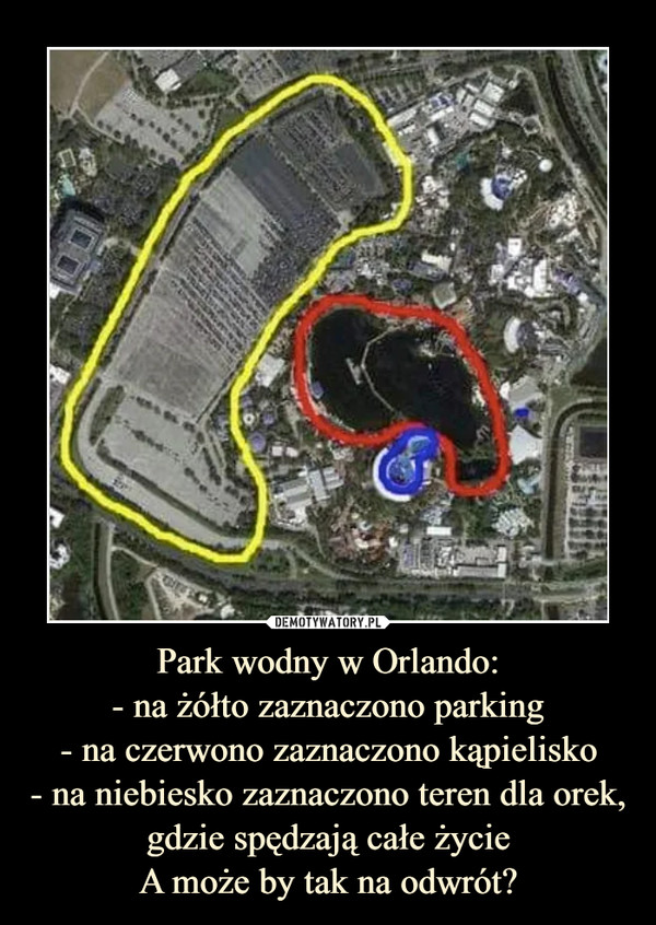 Park wodny w Orlando:- na żółto zaznaczono parking- na czerwono zaznaczono kąpielisko- na niebiesko zaznaczono teren dla orek, gdzie spędzają całe życieA może by tak na odwrót? –  