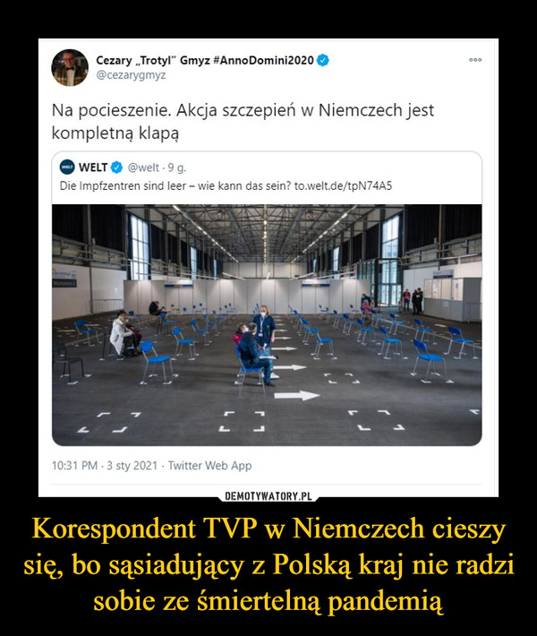 Korespondent TVP w Niemczech cieszy się, bo sąsiadujący z Polską kraj nie radzi sobie ze śmiertelną pandemią –  