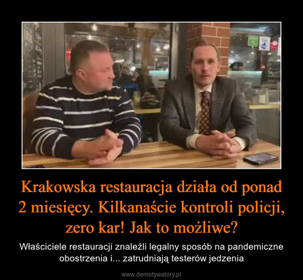 Krakowska restauracja działa od ponad2 miesięcy. Kilkanaście kontroli policji, zero kar! Jak to możliwe? – Właściciele restauracji znaleźli legalny sposób na pandemiczne obostrzenia i... zatrudniają testerów jedzenia 
