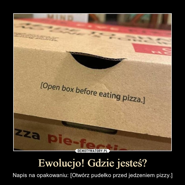 Ewolucjo! Gdzie jesteś? – Napis na opakowaniu: [Otwórz pudełko przed jedzeniem pizzy.] 
