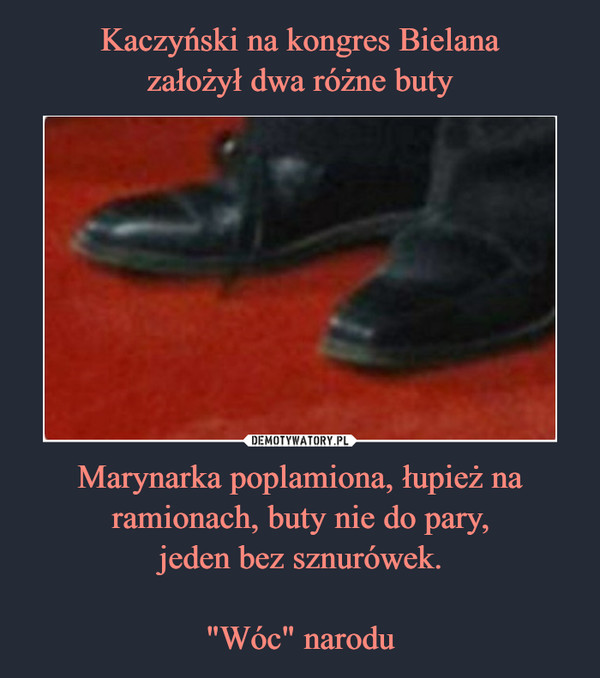 Kaczyński na kongres Bielana
założył dwa różne buty Marynarka poplamiona, łupież na ramionach, buty nie do pary,
jeden bez sznurówek.

"Wóc" narodu