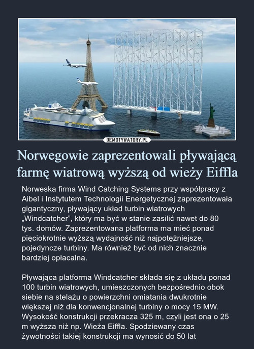 Norwegowie zaprezentowali pływającą farmę wiatrową wyższą od wieży Eiffla