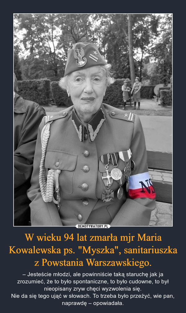 W wieku 94 lat zmarła mjr Maria Kowalewska ps. "Myszka", sanitariuszka z Powstania Warszawskiego.
