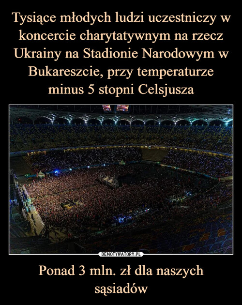 Tysiące młodych ludzi uczestniczy w koncercie charytatywnym na rzecz Ukrainy na Stadionie Narodowym w Bukareszcie, przy temperaturze minus 5 stopni Celsjusza Ponad 3 mln. zł dla naszych sąsiadów