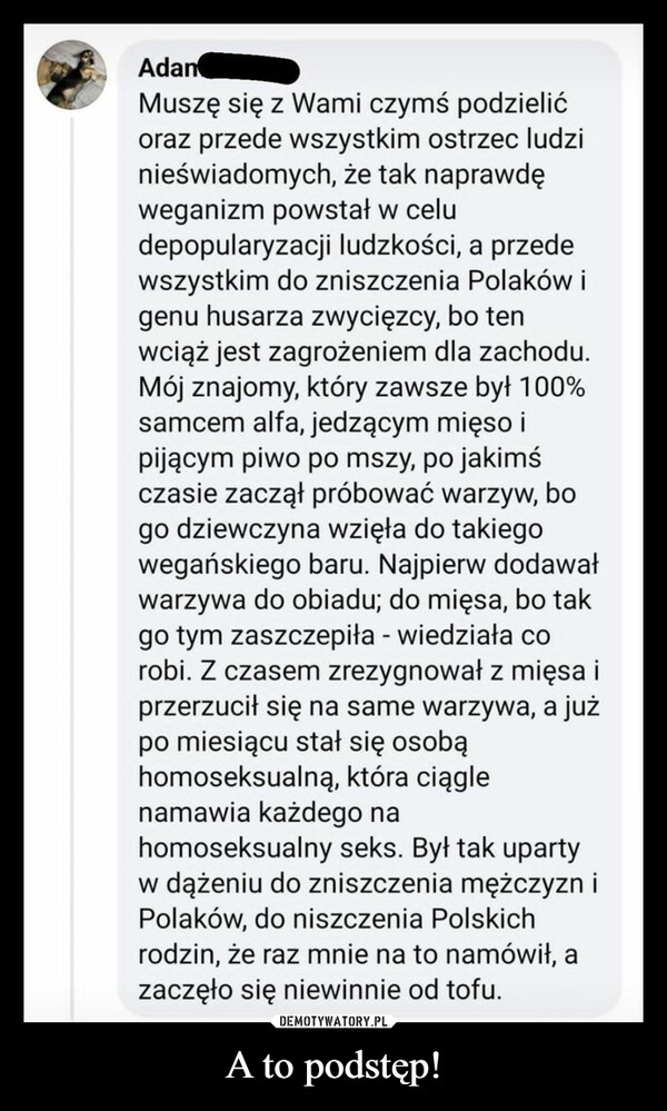 A to podstęp! –  AdanMuszę się z Wami czymś podzielićoraz przede wszystkim ostrzec ludzinieświadomych, że tak naprawdęweganizm powstał w celudepopularyzacji ludzkości, a przedewszystkim do zniszczenia Polaków igenu husarza zwycięzcy, bo tenwciąż jest zagrożeniem dla zachodu.Mój znajomy, który zawsze był 100%samcem alfa, jedzącym mięso ipijącym piwo po mszy, po jakimśczasie zaczął próbować warzyw, bogo dziewczyna wzięła do takiegowegańskiego baru. Najpierw dodawałwarzywa do obiadu; do mięsa, bo takgo tym zaszczepiła - wiedziała corobi. Z czasem zrezygnował z mięsa iprzerzucił się na same warzywa, a jużpo miesiącu stał się osobąhomoseksualną, która ciąglenamawia każdego nahomoseksualny seks. Był tak upartyw dążeniu do zniszczenia mężczyzn iPolaków, do niszczenia Polskichrodzin, że raz mnie na to namówił, azaczęło się niewinnie od tofu.