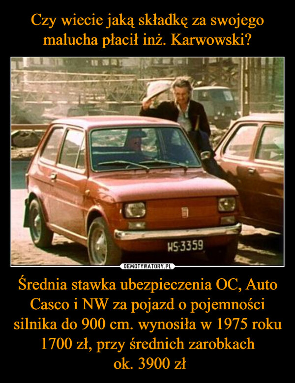 Średnia stawka ubezpieczenia OC, Auto Casco i NW za pojazd o pojemności silnika do 900 cm. wynosiła w 1975 roku 1700 zł, przy średnich zarobkach ok. 3900 zł –  HS-3359