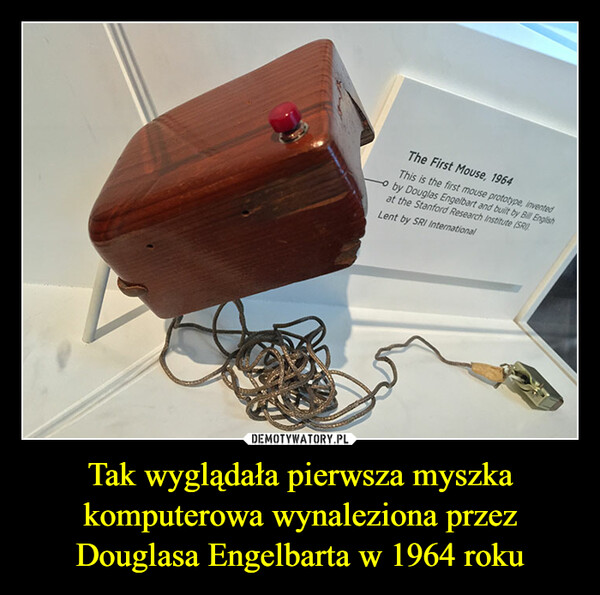 Tak wyglądała pierwsza myszka komputerowa wynaleziona przez Douglasa Engelbarta w 1964 roku –  The First Mouse, 1964This is the first mouse prototype, inventedO by Douglas Engelbart and built by Bill Englishat the Stanford Research Institute (SRI)Lent by SRI International