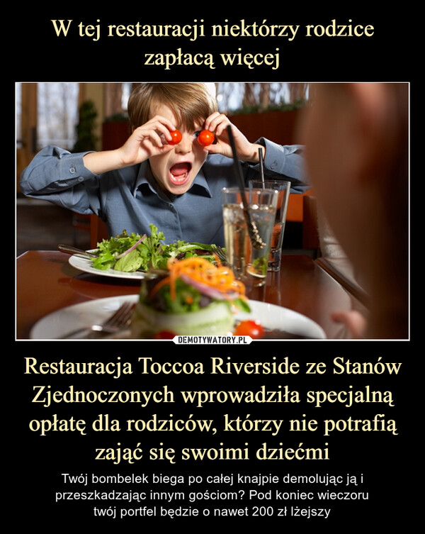 W tej restauracji niektórzy rodzice zapłacą więcej Restauracja Toccoa Riverside ze Stanów Zjednoczonych wprowadziła specjalną opłatę dla rodziców, którzy nie potrafią zająć się swoimi dziećmi